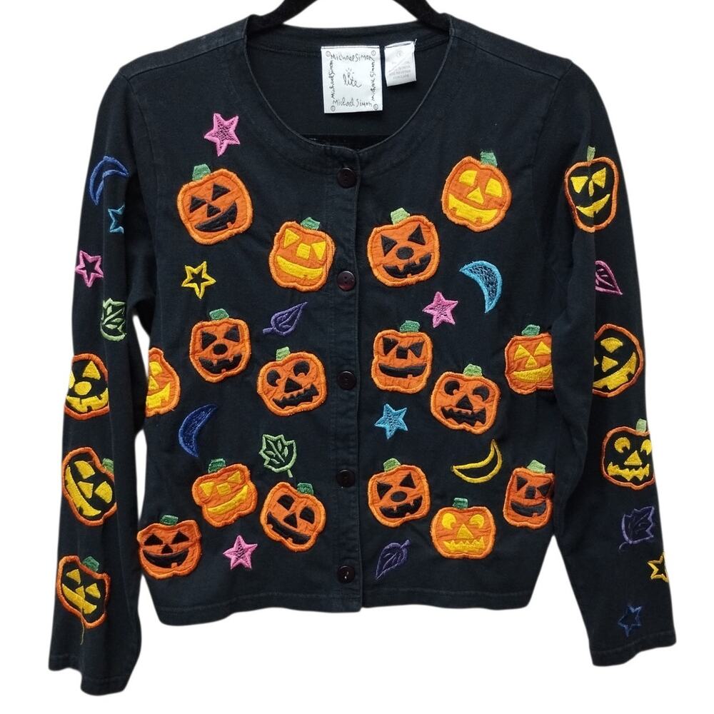 Michael Simon Lite Womens Halloween Pumpkin Cardigan Small Embroidered Party
